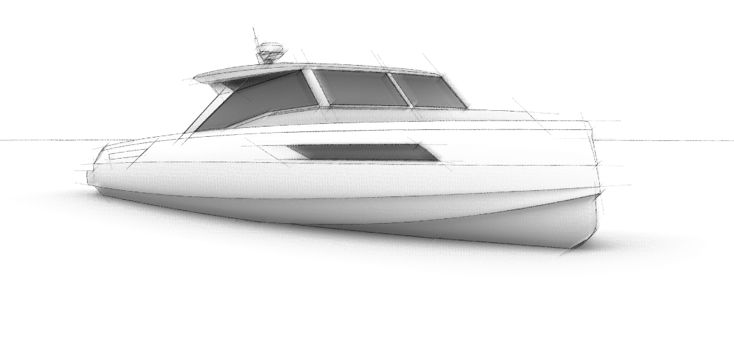 A sleek motorboat or yacht shown in a light line-drawing rendering from a side angle, resting on water in white space.