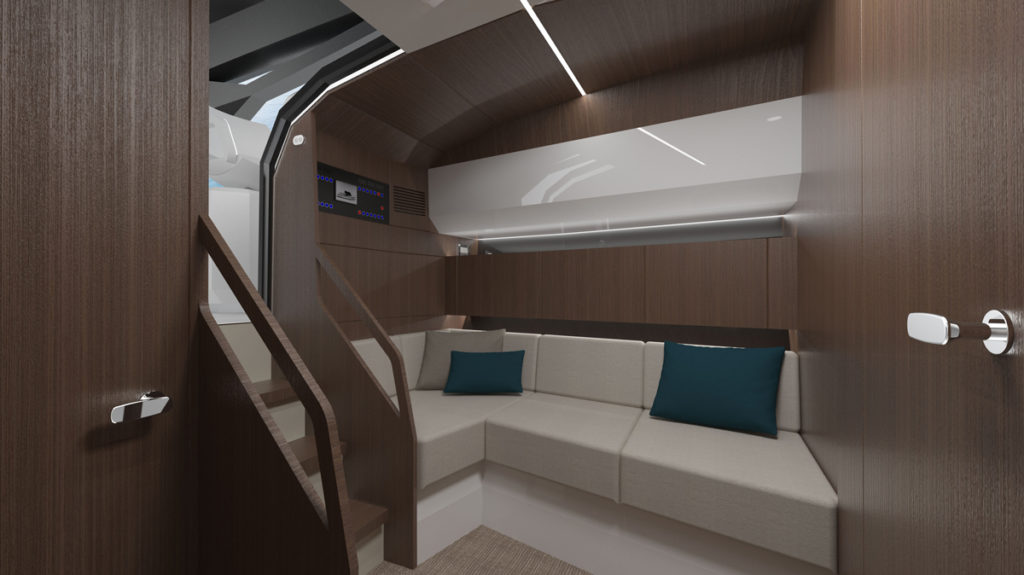 Santasevera interior cabin with Italian joinery and saloon seating