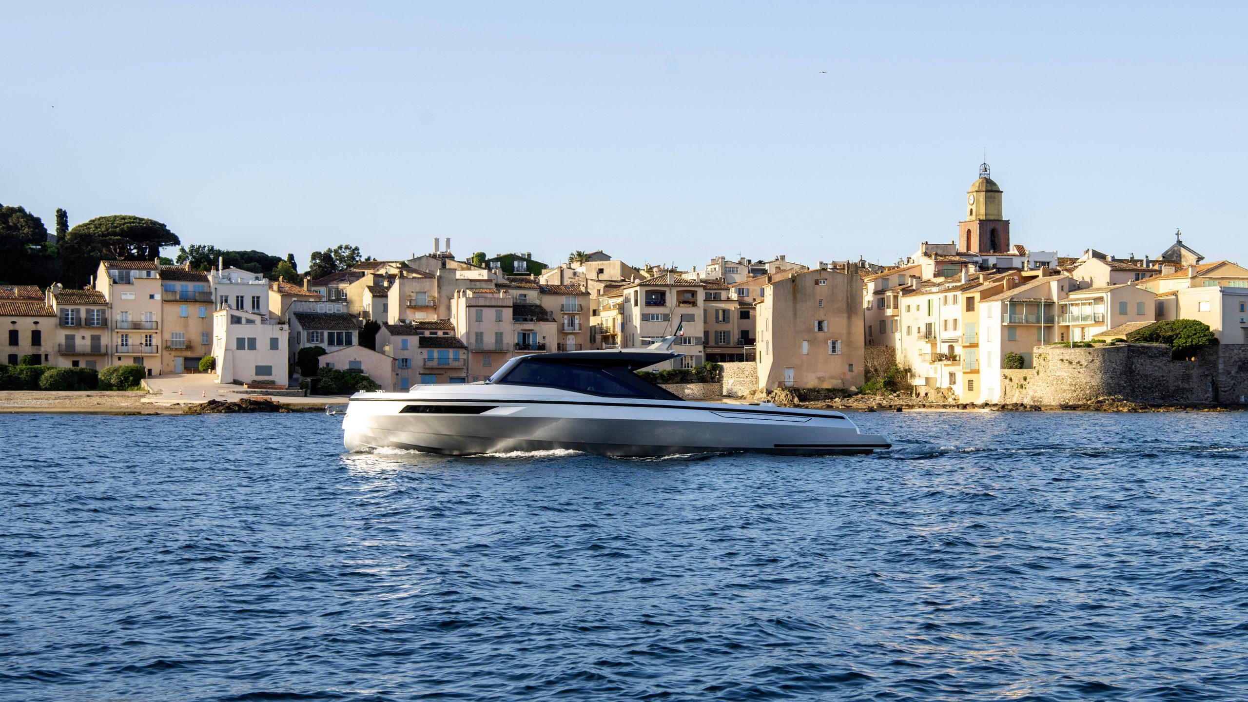 Santasevera 52 motor yacht side profile in the bay of St. Tropez