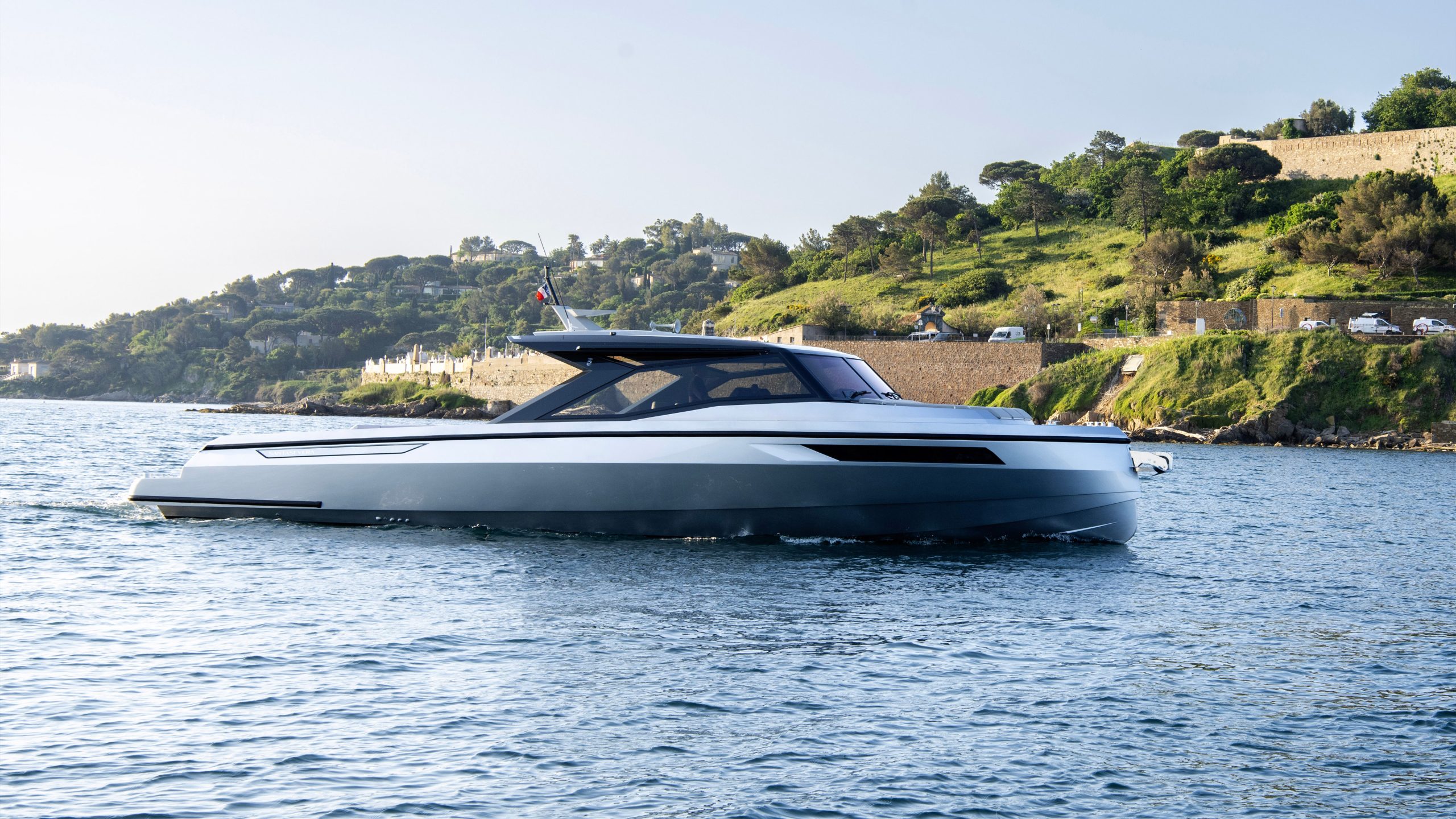 Santasevera 52 Sport motor yacht cruising along the French Riviera coastline
