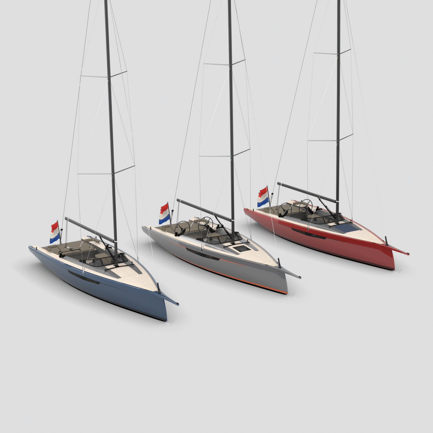 Three small racing sailboats lined up in a row, each with tall masts and a Dutch flag at the stern.