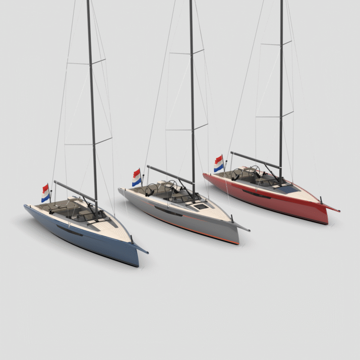 Three small sailboats in blue, gray, and red, lined up on a light gray background with Dutch flags on the sterns.
