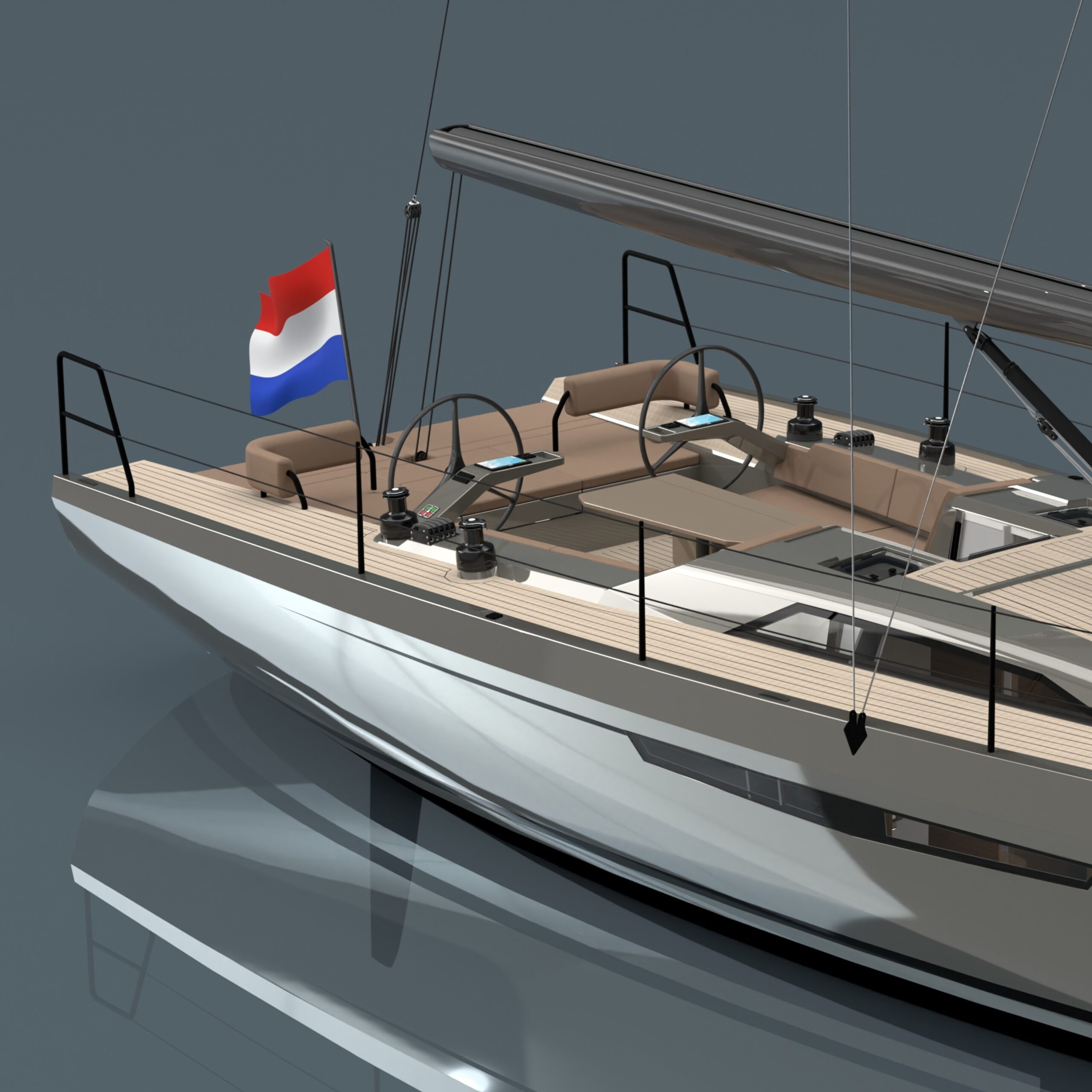 Close-up of a sailboat cockpit with teak deck seating, rigging, and a red‑white‑blue flag at the stern against a gray sky.