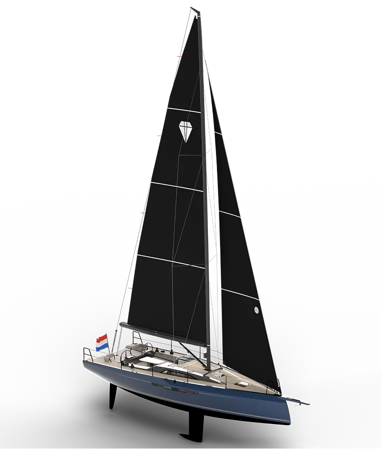 Sailing yacht with tall black sails and a blue hull, seen against a black background; Dutch flag at the stern.