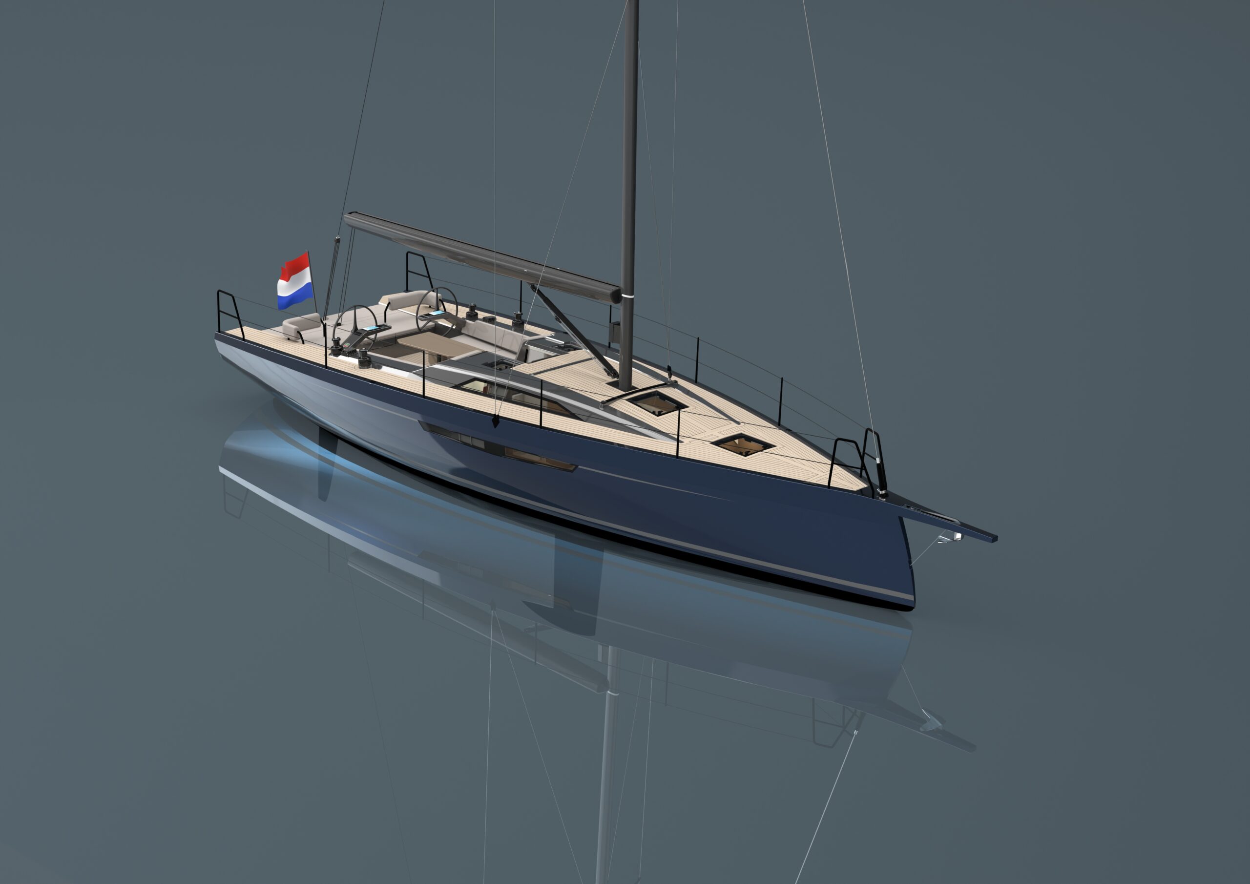 Top-down view of a modern sailing yacht on calm water, Dutch flag at the stern, teak deck and tall mast visible.